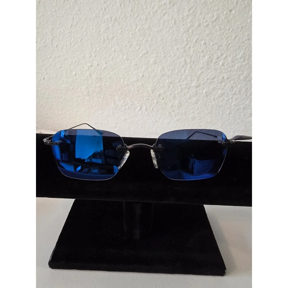 Carolina Lemke Berlin Rimless Sunglasses Blue Mirrored Lens Black Metal Frame